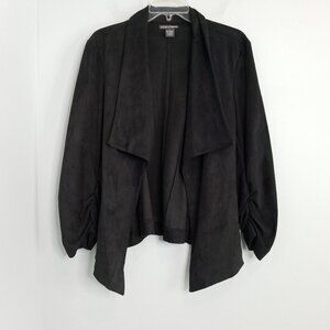 Chelsea & Theodore Black Faux Suede Open Jacket Blazer Ruched Sleeves Large